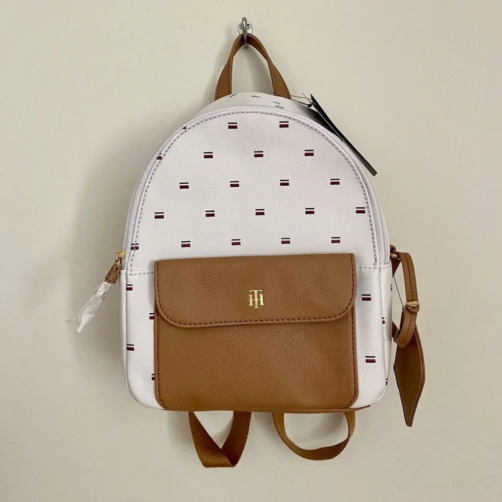 Tommy Hilfiger White and Tan Backpack with Minimalist Design